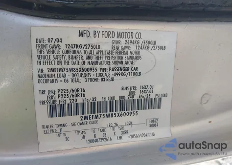 2005 Mercury Grand Marquis Ls/Lse z USA, uszkodzony, nr VIN 2MEFM75W85X600955